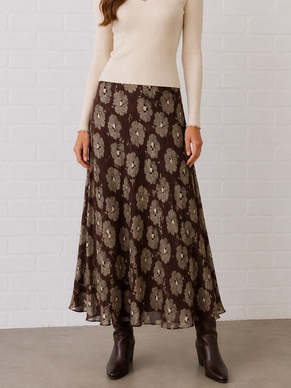 Vintage Y2K Style & Co Brown Floral Rayon Maxi Skirt Boho Size 10
